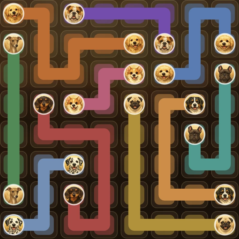 A finished Paw Paths board: pairs of dog portraits joined by coloured trails that fill every square.