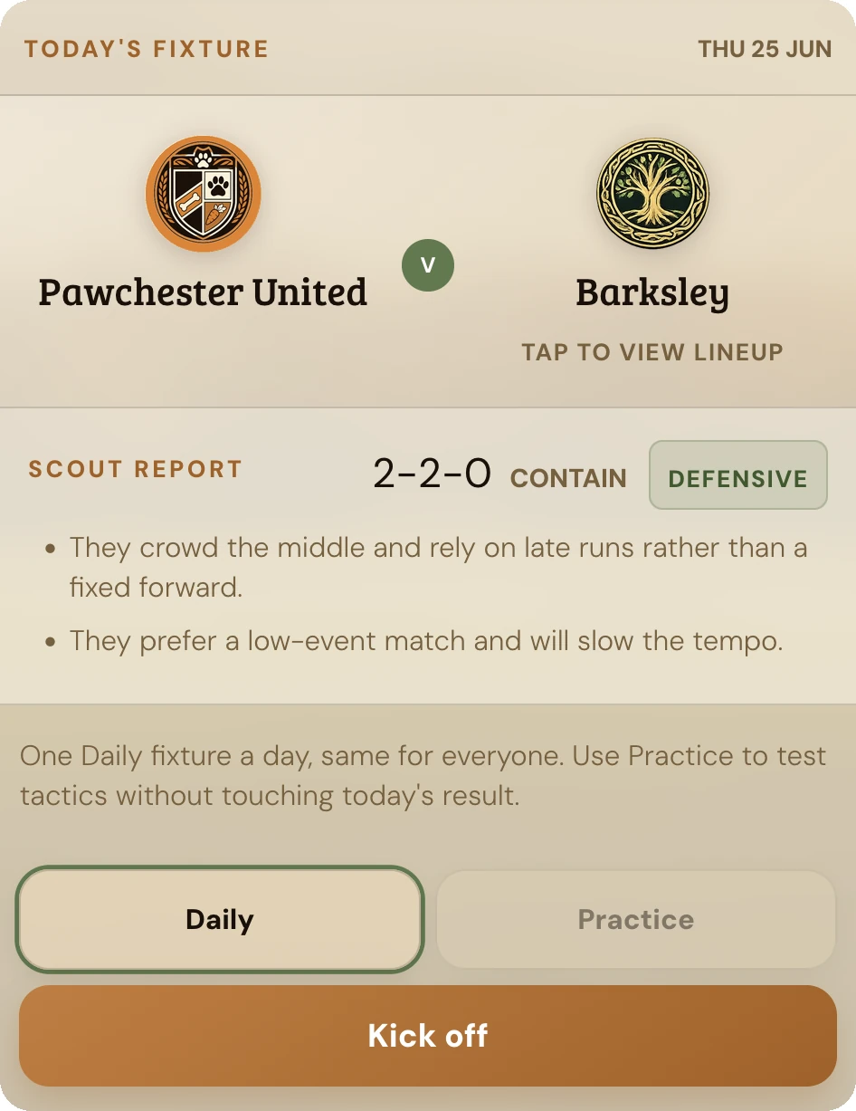 Today's Pawball Manager fixture showing Pawchester United vs Barksley with scout report